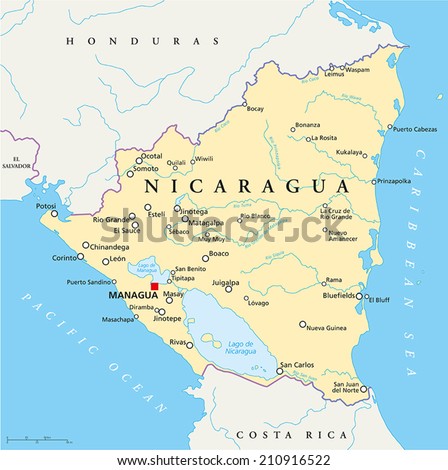 Nicaragua Political Map with capital Managua, with national borders, most important cities, rivers and lakes. Illustration with English labeling and scaling.