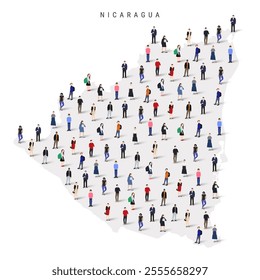 Nicaragua population map. Large group of realistic a diverse crowd of people figures in a shape of Nicaraguan map. Flat vector illustration isolated on white.