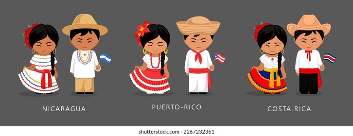 Nicaragua, Puerto Rico, Costa Rica ethnic costume. Woman wearing traditional dress, man with national flag. Latin American couple. Vector flat illustration.