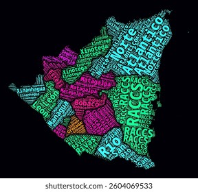 Nicaragua Regions Word Clouds. Bright neon style design on dark background. Region names of the country in Spanish language. Country shape with administrative division. Creative vector illustration.