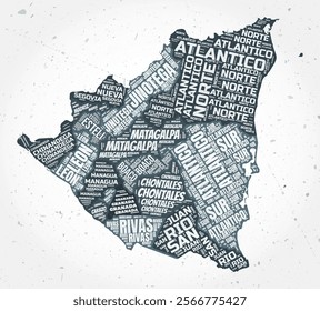 Nicaragua regions word clouds. Country shape on textured background. Nicaragua design in typographic style. Amazing vector illustration.