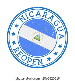 Nicaragua Reopening Stamp. Round badge of the country with the flag of Nicaragua. Reopening after lockdown sign. Vector illustration.