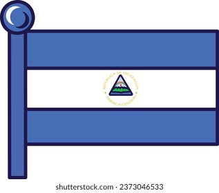 Nicaragua republic nation flag on flagpole vector. Horizontal triband of azure and white ith national coat of arms on center. Patriotic symbolic of independence flat cartoon illustration