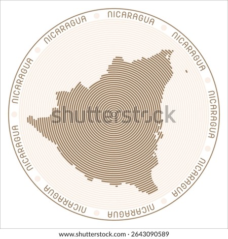 Nicaragua round logo design. Country shape built of rings. Nicaragua text around the country. Vector Illustration.
