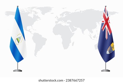 Nicaragua and Saint Helena flags for official meeting against background of world map.