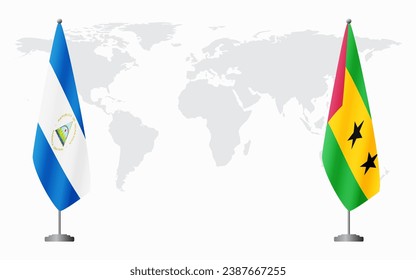 Nicaragua and Sao Tome and Principe flags for official meeting against background of world map.