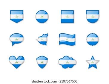 Nicaragua - eine Reihe glänzender Flaggen verschiedener Formen. Vektorgrafik