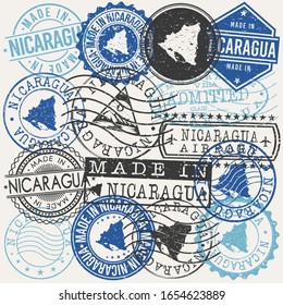 Nicaragua Set of Stamps. Travel Passport Stamps. Made In Product. Design Seals in Old Style Insignia. Icon Clip Art Vector Collection.