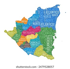 Nicaragua shape. Country word cloud with region division. Nicaragua colored illustration. Region names cloud. Vector illustration.