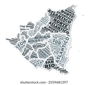 Nicaragua shape text cloud. Country border with shadow on white background. Nicaragua with regions division in vintage gazette style. Classy vector illustration.