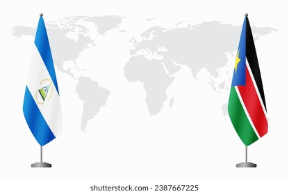 Nicaragua and South Sudan flags for official meeting against background of world map.