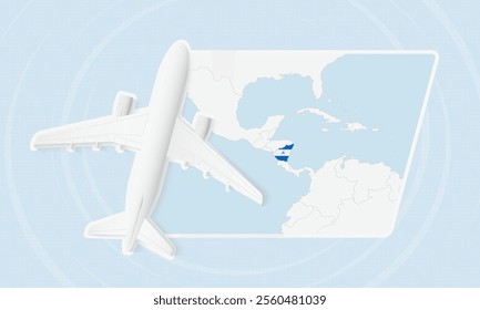 Nicaragua Travel Illustration with Plane and National Flag. Ideal for travel agencies, promotional materials, or geographic content related to Nicaragua.