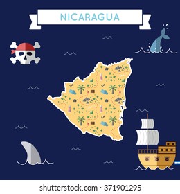 Nicaragua treasure map in flat design. Colorful cartoon treasure map of Nicaragua with flat design icons of pirate ship and jolly roger. Nicaragua flat design vector illustration.