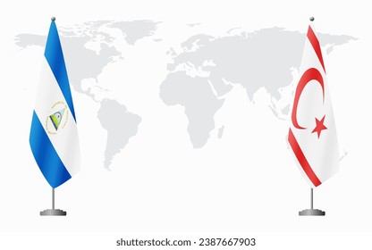 Nicaragua and Turkish Republic of Northern Cyprus flags for official meeting against background of world map.