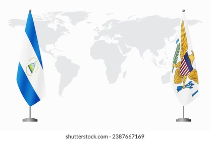 Nicaragua and United States Virgin Islands flags for official meeting against background of world map.