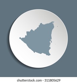 Nicaragua vector map on a paper circle. Cut out from white paper icon map of Nicaragua. Vector icon map of Nicaragua on dark background. Paper cut style country map. 