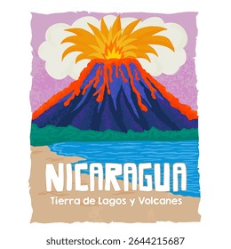 Cartaz da erupção vulcânica na Nicarágua com a lava descendo pelo cone.