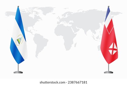 Nicaragua and Wallis and Futuna flags for official meeting against background of world map.