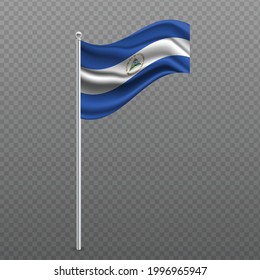Nicaragua waving flag on metal pole. Vector illustration.