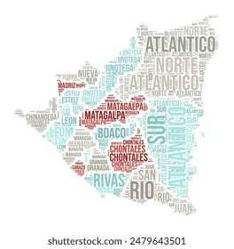 Nicaragua Word Cloud. Country shape with region division. Nicaragua typography style image. Region names tag clouds. Vector illustration.