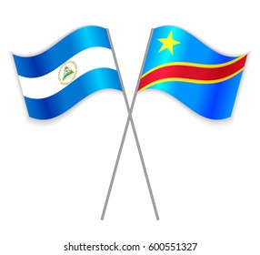 Nicaraguan and Congolese crossed flags. Nicaragua combined with Democratic Republic of the Congo isolated on white. Language learning, international business or travel concept.