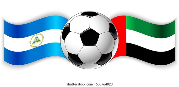 Nicaraguan and Emirian wavy flags with football ball. Nicaragua combined with United Arab Emirates isolated on white. Football match or international sport competition concept.