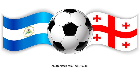 Nicaraguan and Georgian wavy flags with football ball. Nicaragua combined with Georgia isolated on white. Football match or international sport competition concept.