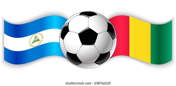 Nicaraguan and Guinean wavy flags with football ball. Nicaragua combined with Guinea isolated on white. Football match or international sport competition concept.