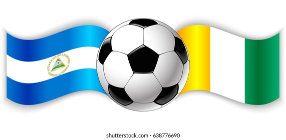 Nicaraguan and Ivorian wavy flags with football ball. Nicaragua combined with Ivory Coast isolated on white. Football match or international sport competition concept.