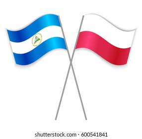 Nicaraguan and Polish crossed flags. Nicaragua combined with Poland isolated on white. Language learning, international business or travel concept.