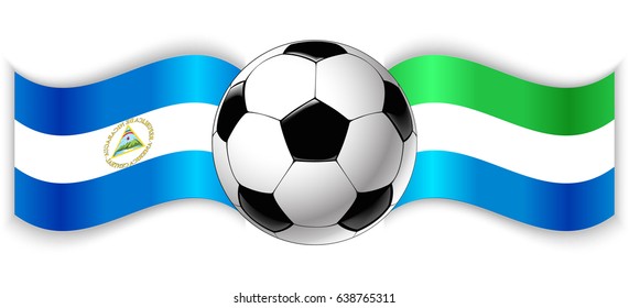 Nicaraguan and Sierra Leonean wavy flags with football ball. Nicaragua combined with Sierra Leone isolated on white. Football match or international sport competition concept.