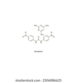 Nicarbazin flat skeletal molecular structure Antiprotozoal drug used in coccidiosis treatment. Vector illustration scientific diagram.