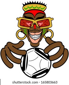 Nice African warlock with painted face, eccentric look and wearing big red glasses, a crown and earrings while smiling and trying to foretell the future of soccer through a ball