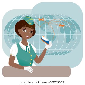 A nice afro-american flight attendant at the desk with a ticket in her hand