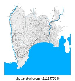 Nice, Alpes-Maritimes, France high resolution vector map with city boundaries and editable paths. White outlines for main roads. Many detailed paths. Blue shapes and lines for water.