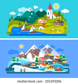 Nice Alps landscapes. Mountain and Lake views: chapel, boats on a lake, cows roaming on  the alpine meadows, snow mountains, snowboarding people, alpine village, Stock vector illustration flat set. 