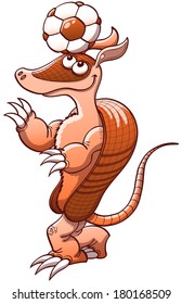 Nice armored armadillo smiling and showing pride while executing a performance with a soccer ball consisting in keeping it in balance on its head