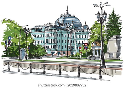 Nice Art Nouveau apartment building with a dome roof - hand drawn sketch