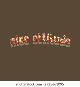 Slogan "Atitude agradável". Ilustração de vetor de tipografia 3D retro com preenchimento de padrão de folha tropical. Design de texto curvo vintage para impressão de camiseta, vestuário de verão e design de adesivo em fundo marrom.