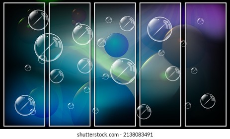Nice azure purple panel with soap bubbles. Transparent bubbles of different sizes against the background of a crazy mixture of dark colors. Vector.