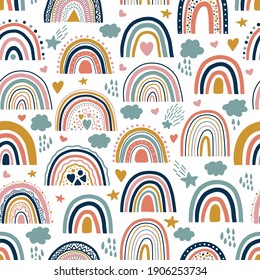 Nice baby neutral bohemian rainbows seamless pattern. Trend rainbows surface. Boho rainbows for baby shower invitations, cards, nursery room, posters, fabric. Vector patel bohemian rainbows on white.