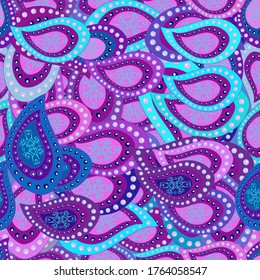 Netter Hintergrund. Blau, violett und violett in den Farben. Abstraktes Doodles-Muster. Vektorgrafik. - Stock. Nahtloses, feines Stoffmuster.