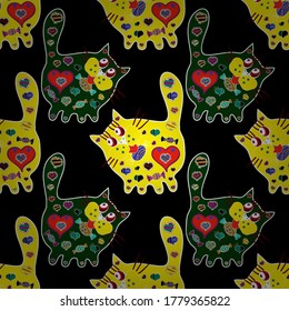 Nice background. Cat picture. Doodles cute pattern. Vector - stock. Seamless Beautiful fabric pattern. Blue, black and yellow on colors.