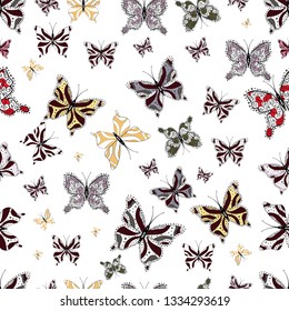 Nice background for design of fabric, paper, wrappers and wallpaper. Seamless background of colorful butterflies. Vector illustration.