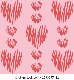 nice background with pattern of hand-drawn red and pink hearts. Card for st valentine day