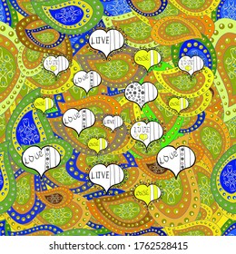 Nice background. Vector illustration. Seamless Cute fabric pattern. Abstract doodles pattern. Green, yellow and blue on colors. - stock.