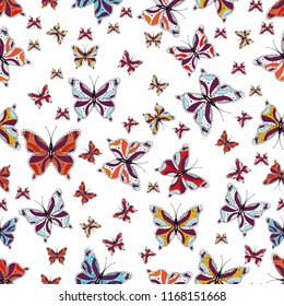 Nice background for wrappers and wallpaper, design of fabric, paper. Seamless background of colorful butterflies. Vector illustration. Cute butterflies on white, purple and black.