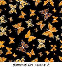 Nice background for wrappers and wallpaper, design of fabric, paper. Seamless background of colorful butterflies. Cute butterflies on orange, yellow and black. Vector illustration.