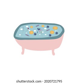 Nice bathtub with foam, aromatic flowers, lmine and all sorts of oils. The concept of meditation, self-love and relaxation. Vector illustration 