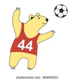 The nice bear goalkeeper plays soccer. Cute cartoon vector illustration.